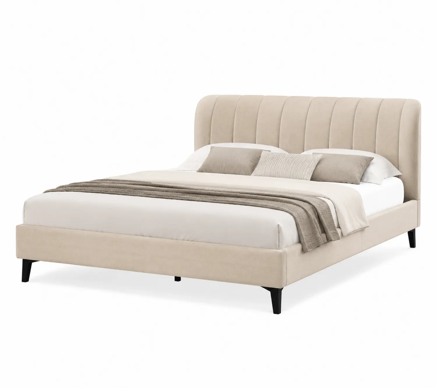 Cama de matrimonio tapizada en tela beige con cabecero acolchado y patas negras 200x160 cm