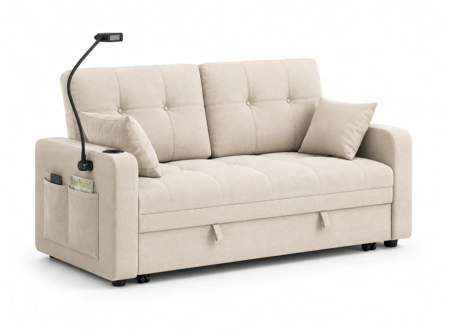 Sofá cama de poliéster beige con luz LED y almacenamiento