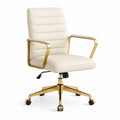 Silla de oficina de cuero PU crema con base metálica dorada