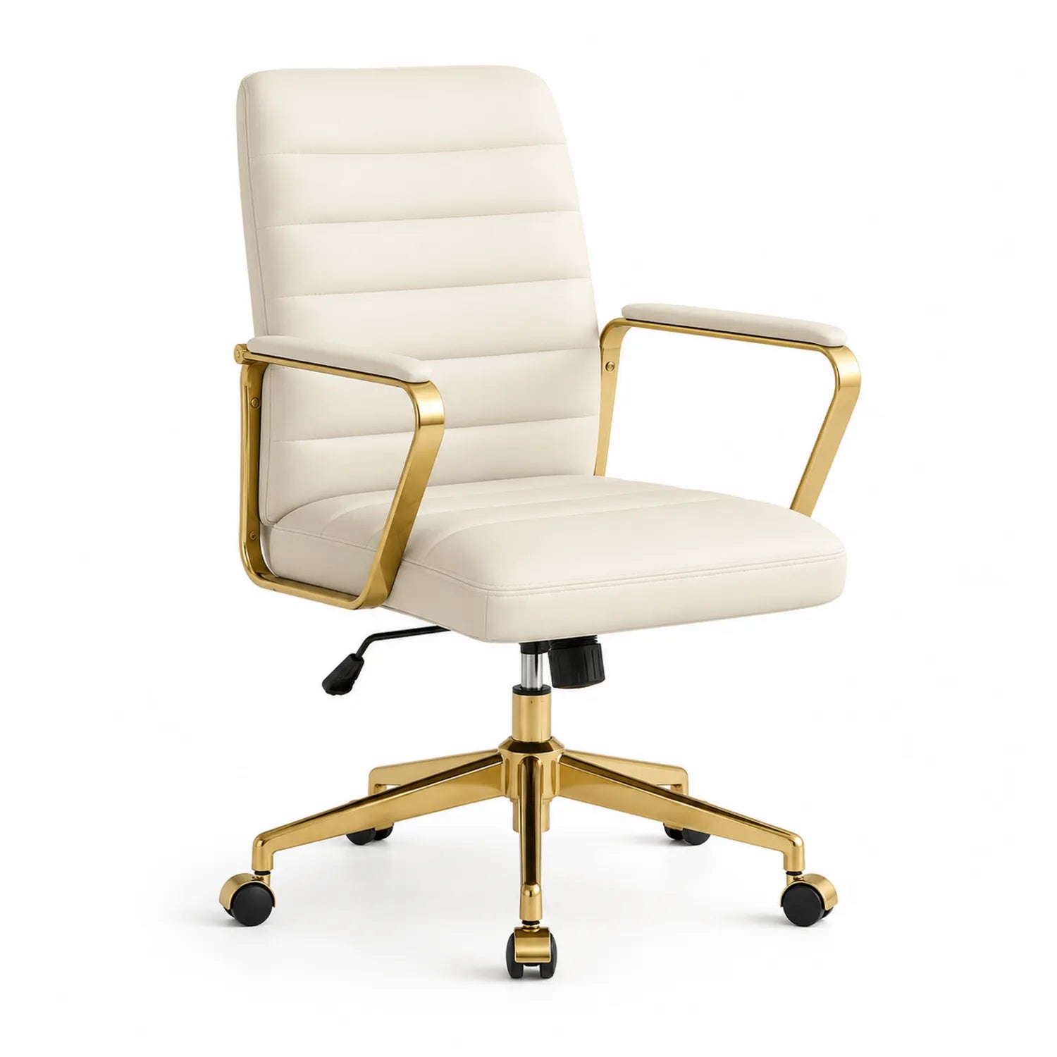 Silla de oficina de cuero PU crema con base metálica dorada