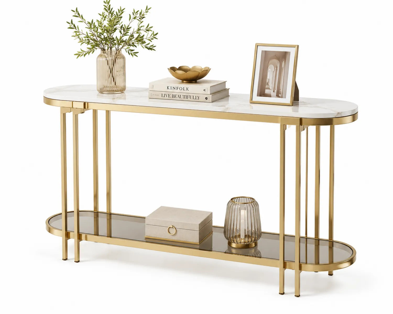 Mesa consola de mármol y metal dorado con estante de vidrio