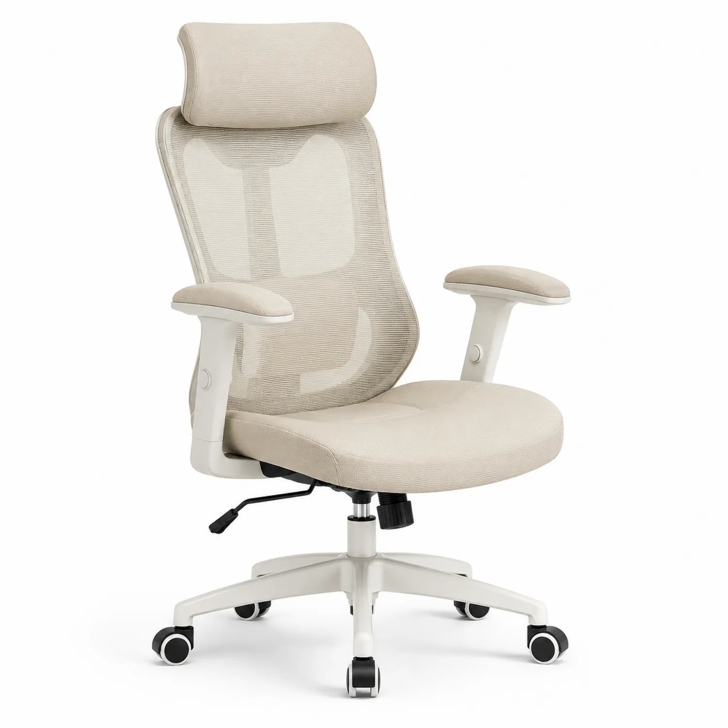 Silla de oficina ergonómica beige con estructura de nylon