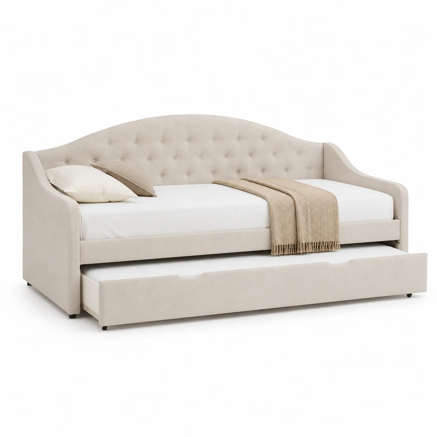 Cama nido tapizada en poliéster beige con cabecero capitoné y cama adicional