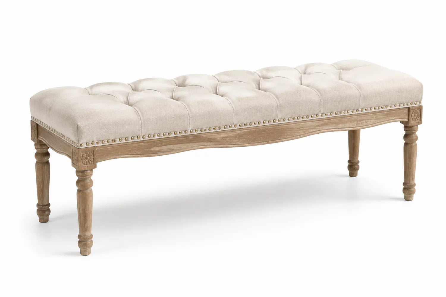 Banco Tapizado en Poliéster Beige con Patas de Madera de Roble 120cm