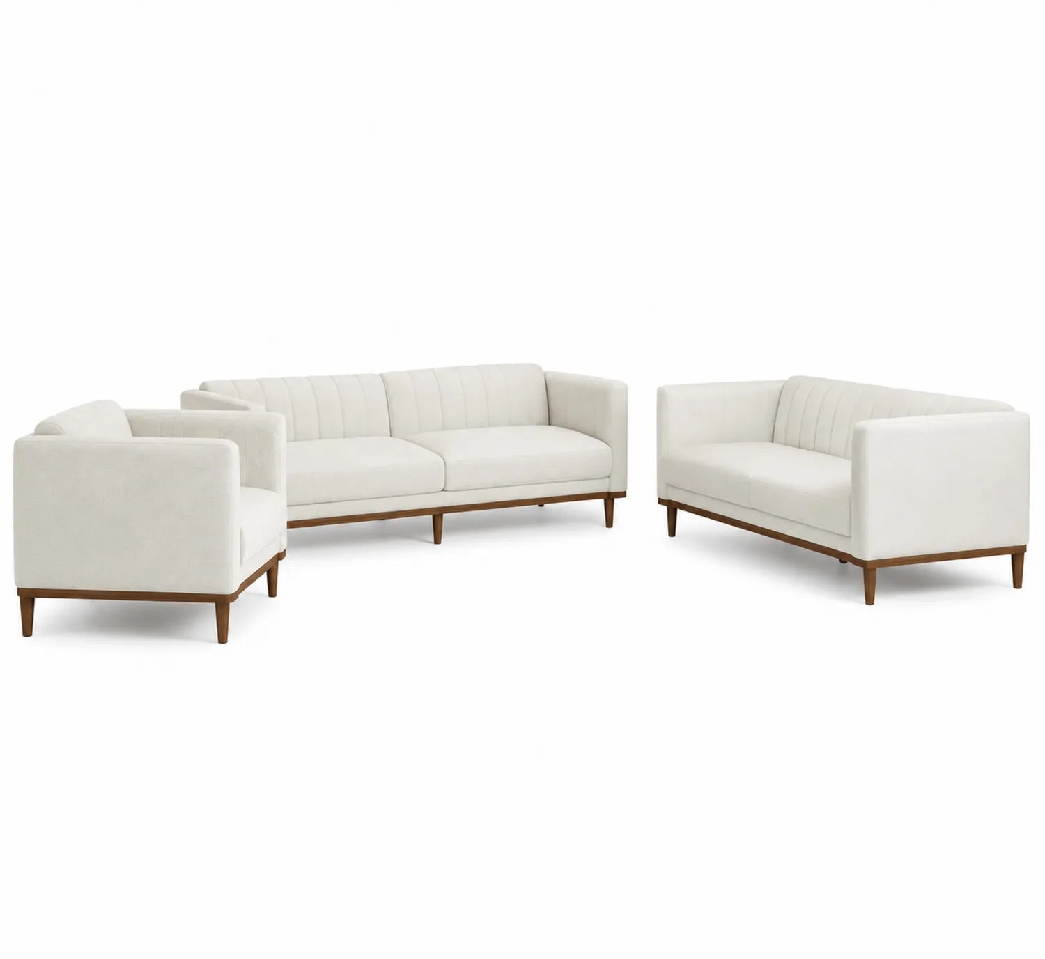 Conjunto de Sofás de Tela y Madera en Blanco Crema