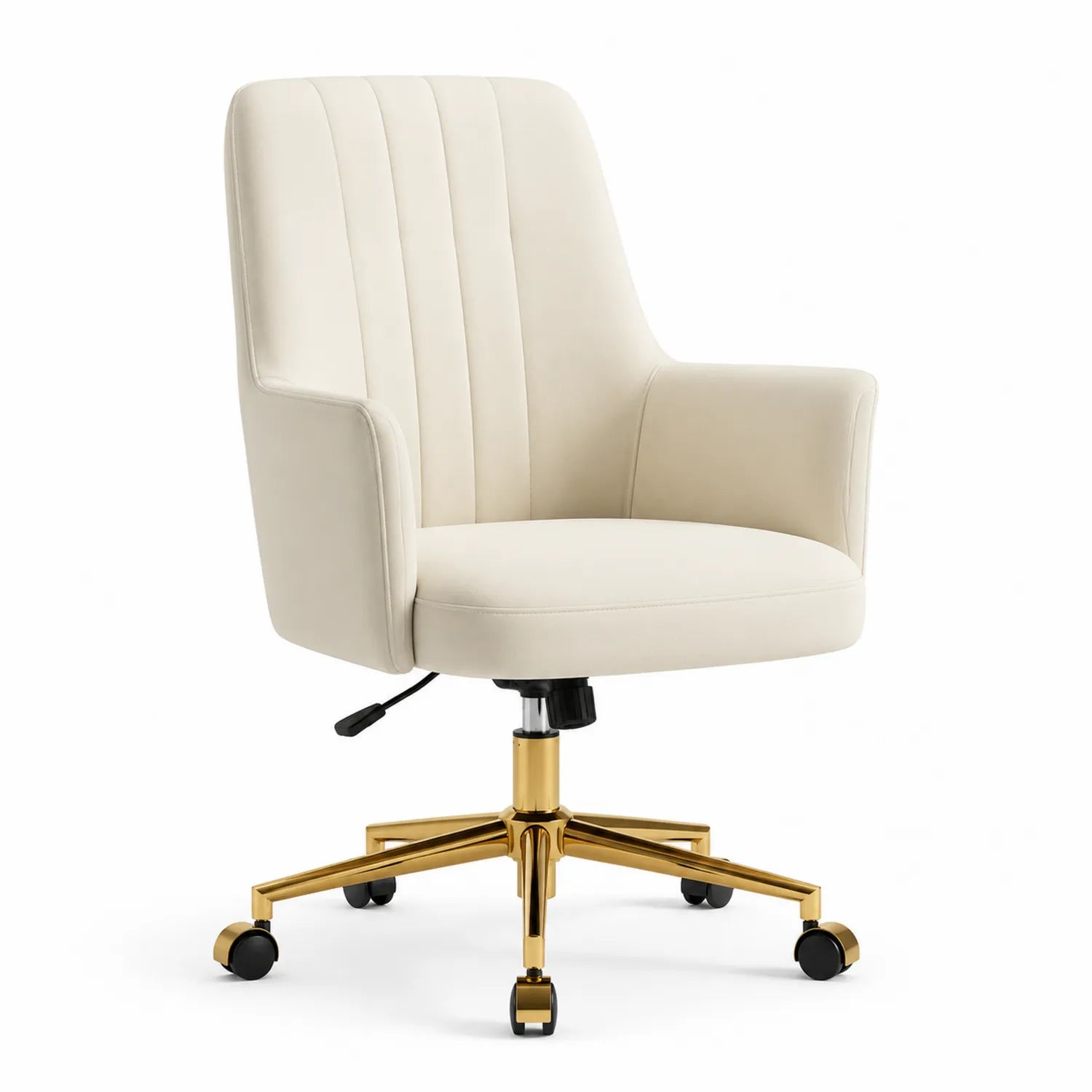 Silla giratoria de oficina en piel sintética beige con base metálica dorada