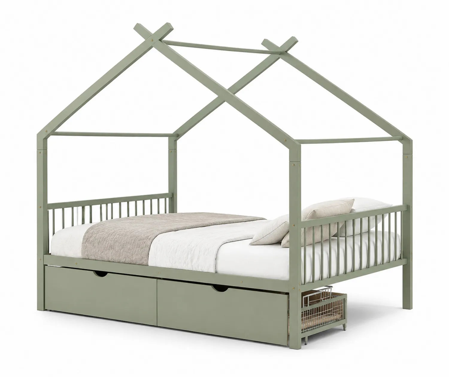 Cama infantil de madera de pino con forma de casa y cajones 200x90 cm Verde