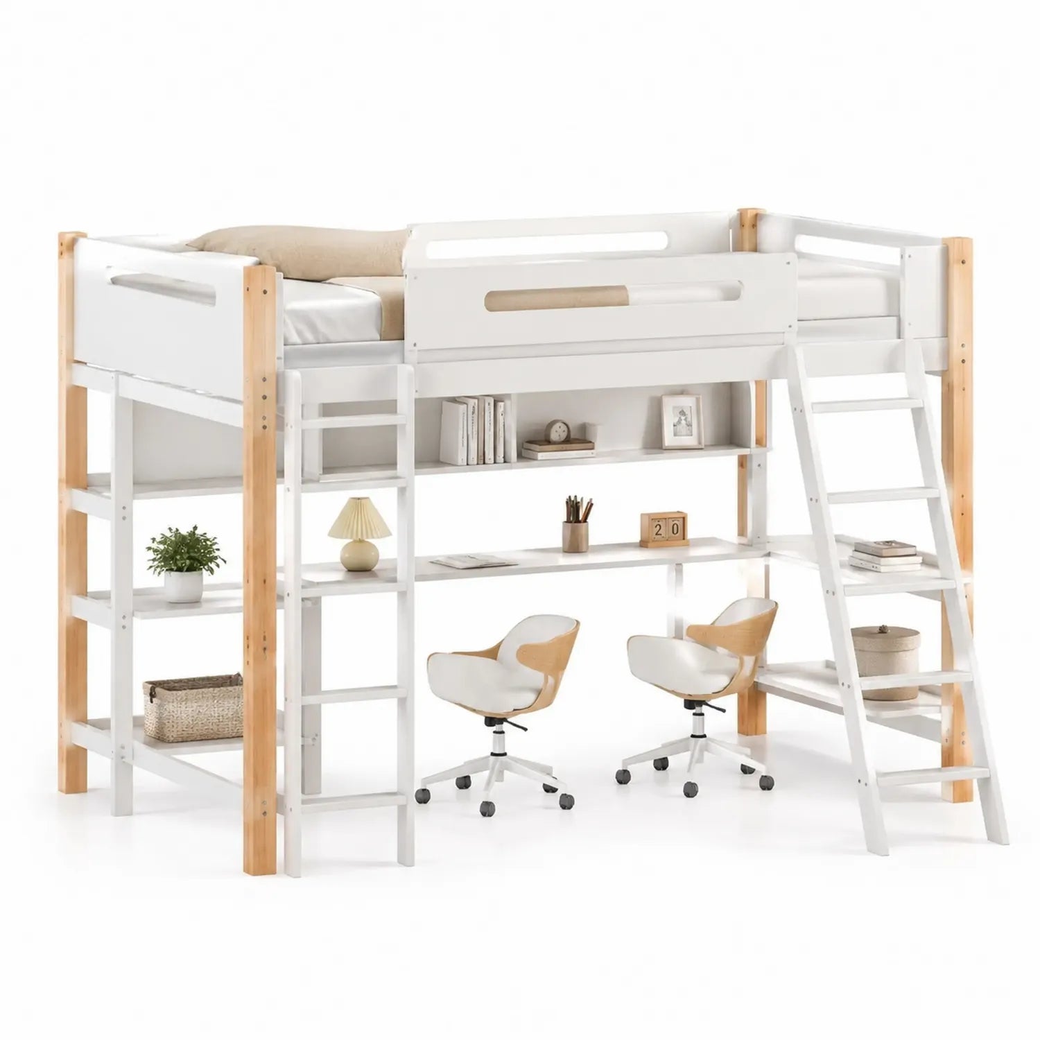 Cama alta de madera con escritorio y sillas
