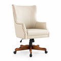 Silla giratoria de cuero sintético Beige con base de madera maciza