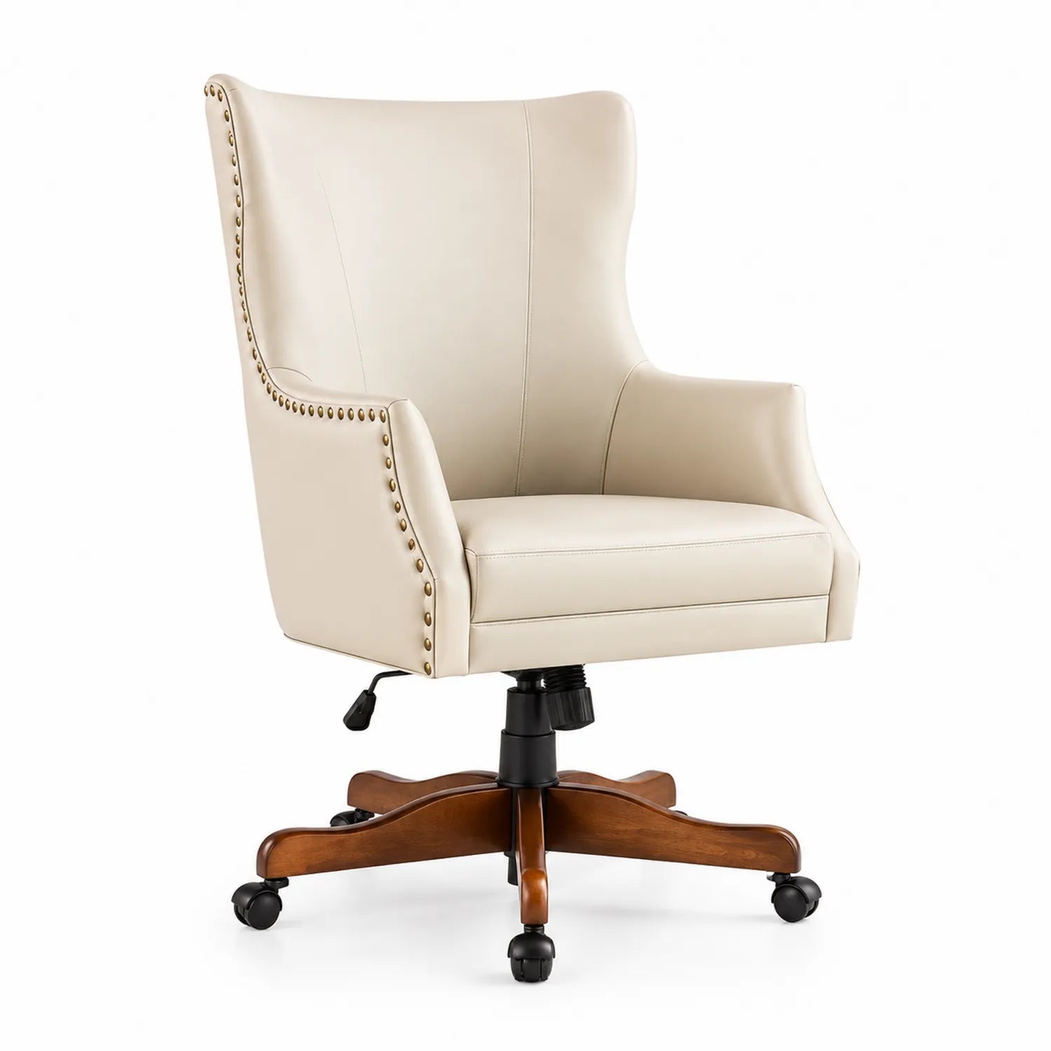 Silla giratoria de cuero sintético Beige con base de madera maciza