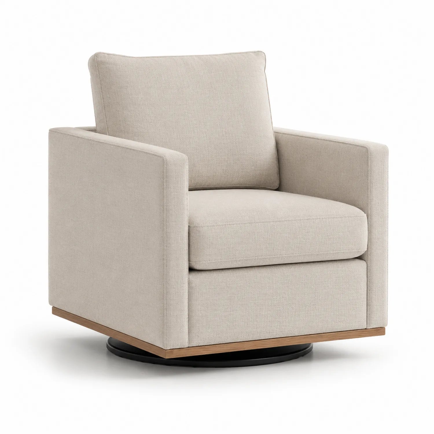 Sillón Giratorio de Tela Beige con Base de Madera