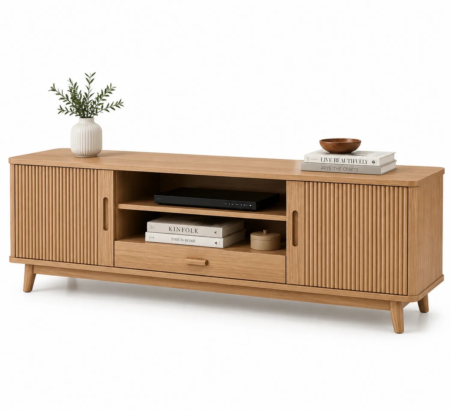 Mueble de TV de madera con puertas corredizas y estantes