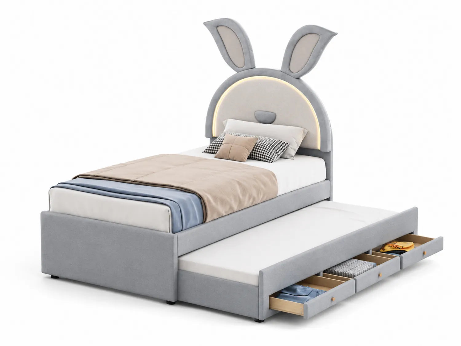 Cama infantil diseño orejas de conejo tela gris con almacenamiento 200x90 cm