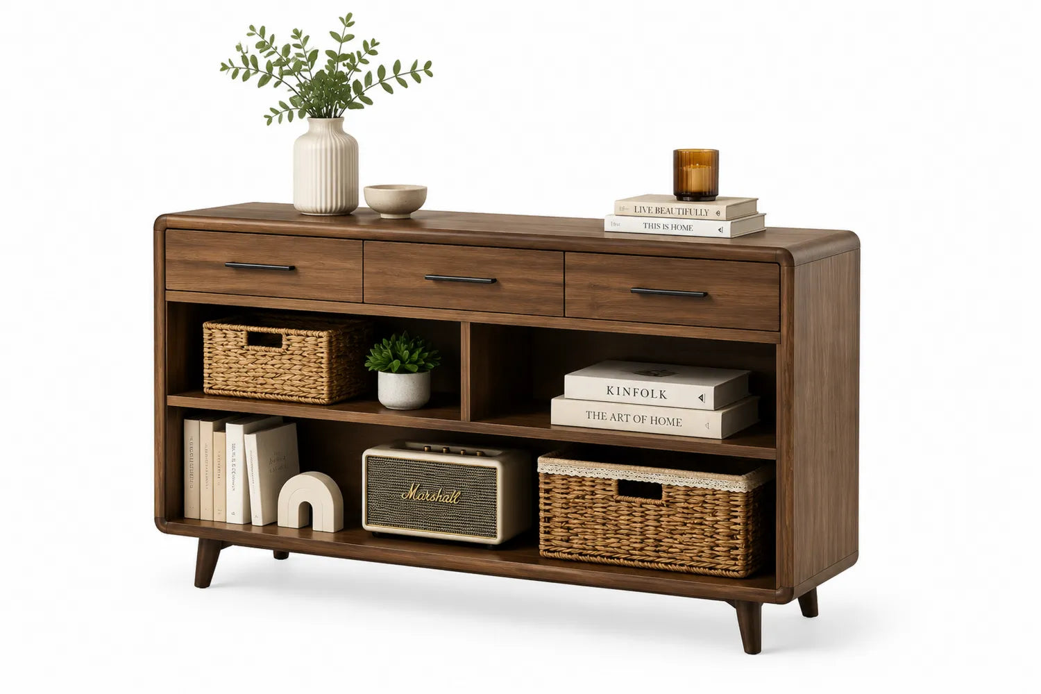 Consola de madera con cajones y estantes