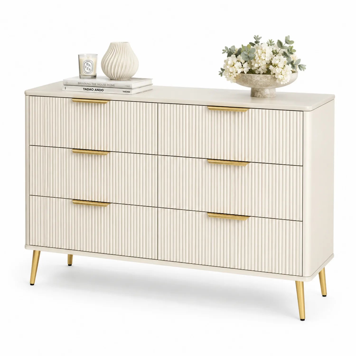 Cómoda de MDF Blancas con Tiradores de Metal Dorado