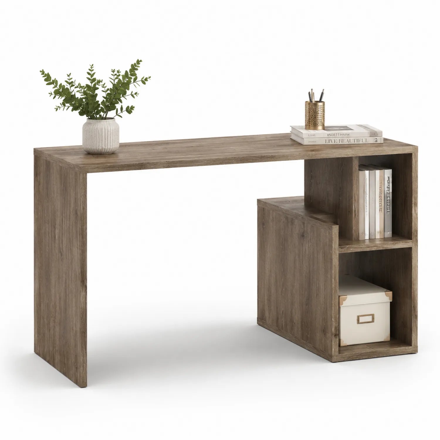 Escritorio de Madera Marrón con Estantería Lateral
