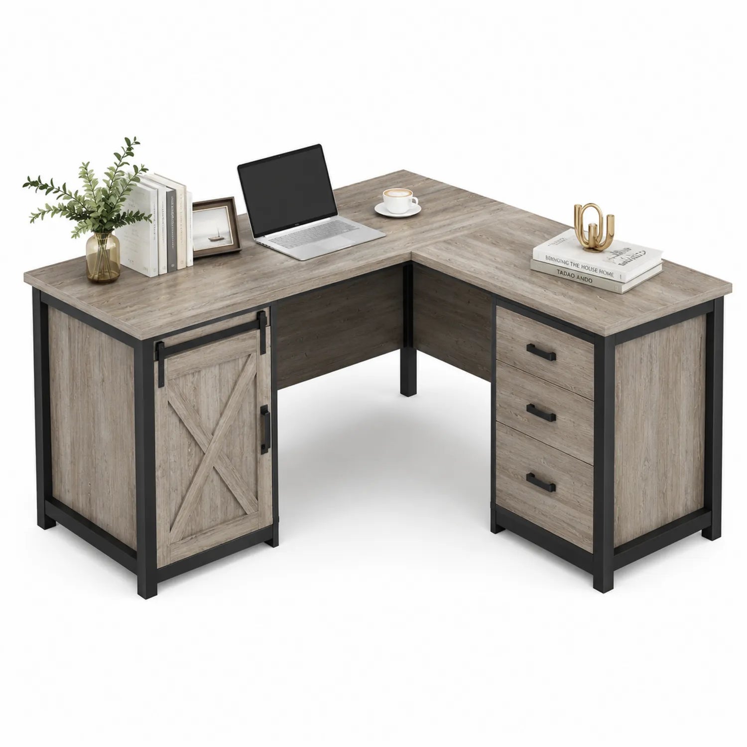Escritorio en L de Madera y Metal con Puerta Corredera 120x150x75 cm