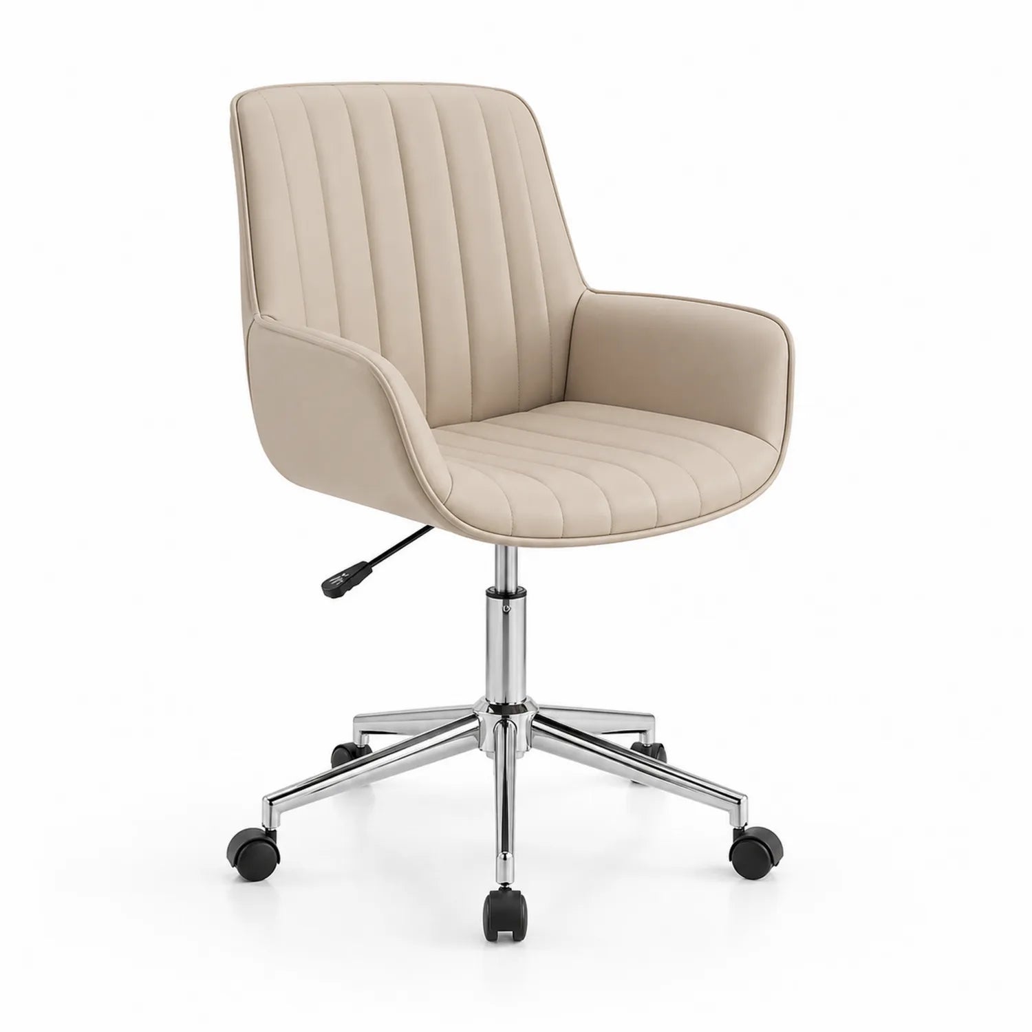 Silla giratoria de cuero sintético beige con base cromada