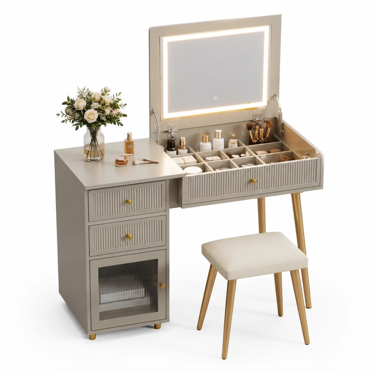 Tocador de maquillaje con espejo LED, tablero de MDF y patas metálicas, Beige y Dorado