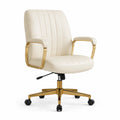 Silla de oficina de cuero sintético crema con estructura de metal dorado