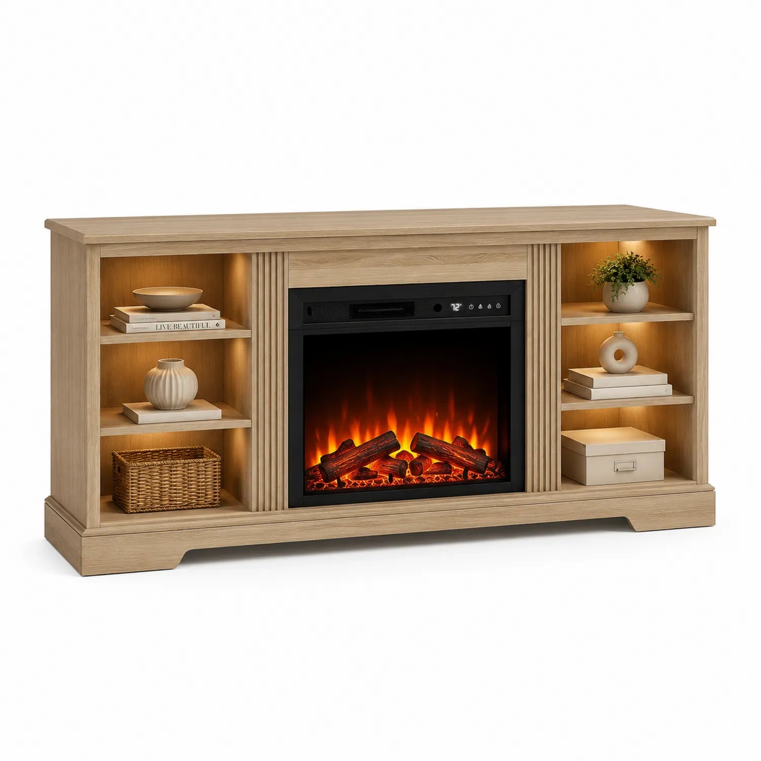Mueble de Entretenimiento con Chimenea Eléctrica de Madera de Roble