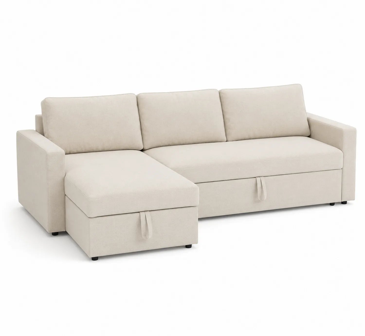 Sofá chaise longue de poliéster beige con almacenamiento 250x150x90 cm
