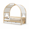 Cama infantil de madera con dosel y cajones