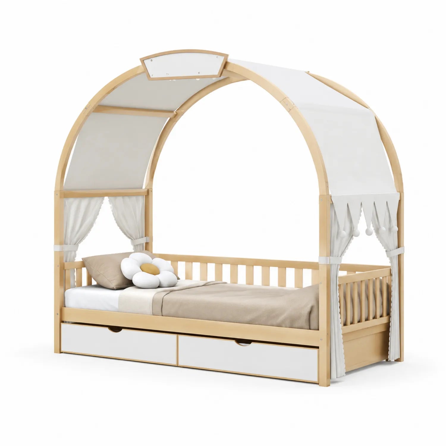 Cama infantil de madera con dosel y cajones