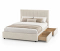 Cama tapizada en tela beige con cabecera y cajones 200x150 cm