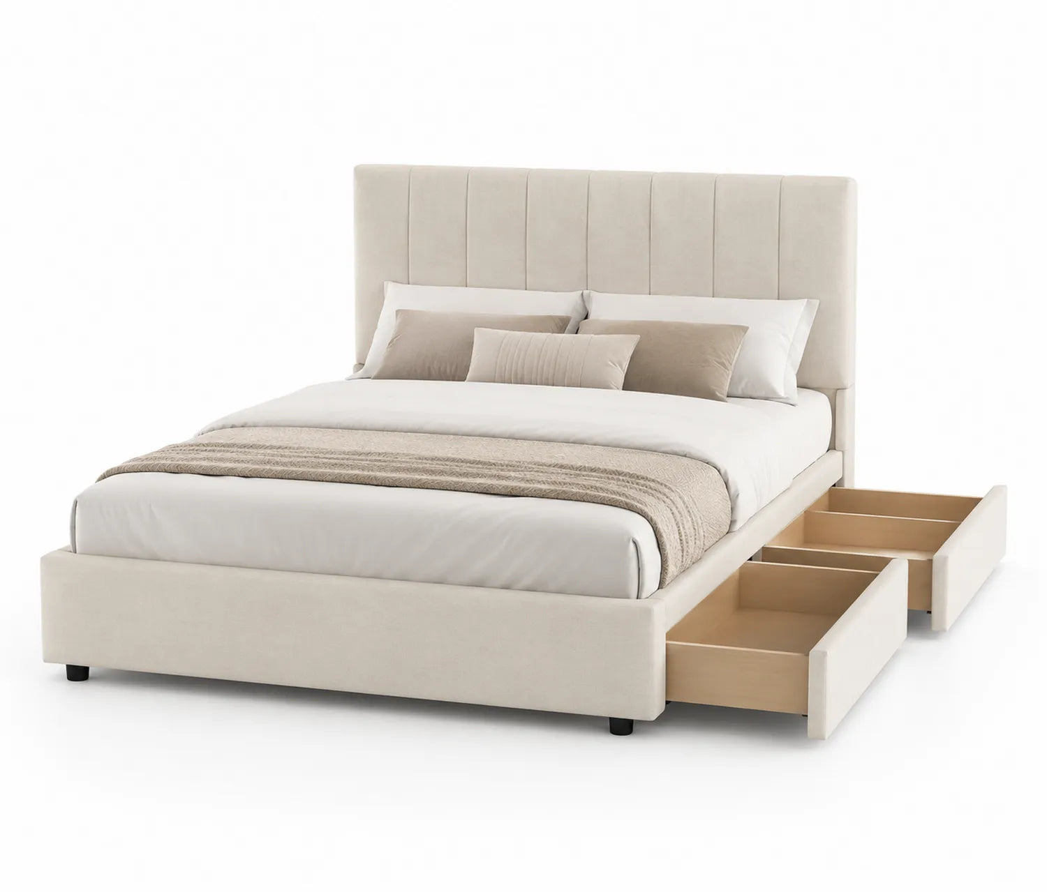 Cama tapizada en tela beige con cabecera y cajones 200x150 cm