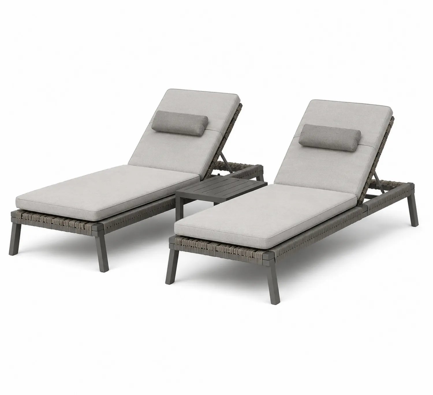 Conjunto de 2 tumbonas ajustables de ratán con cojines y mesa de aluminio
