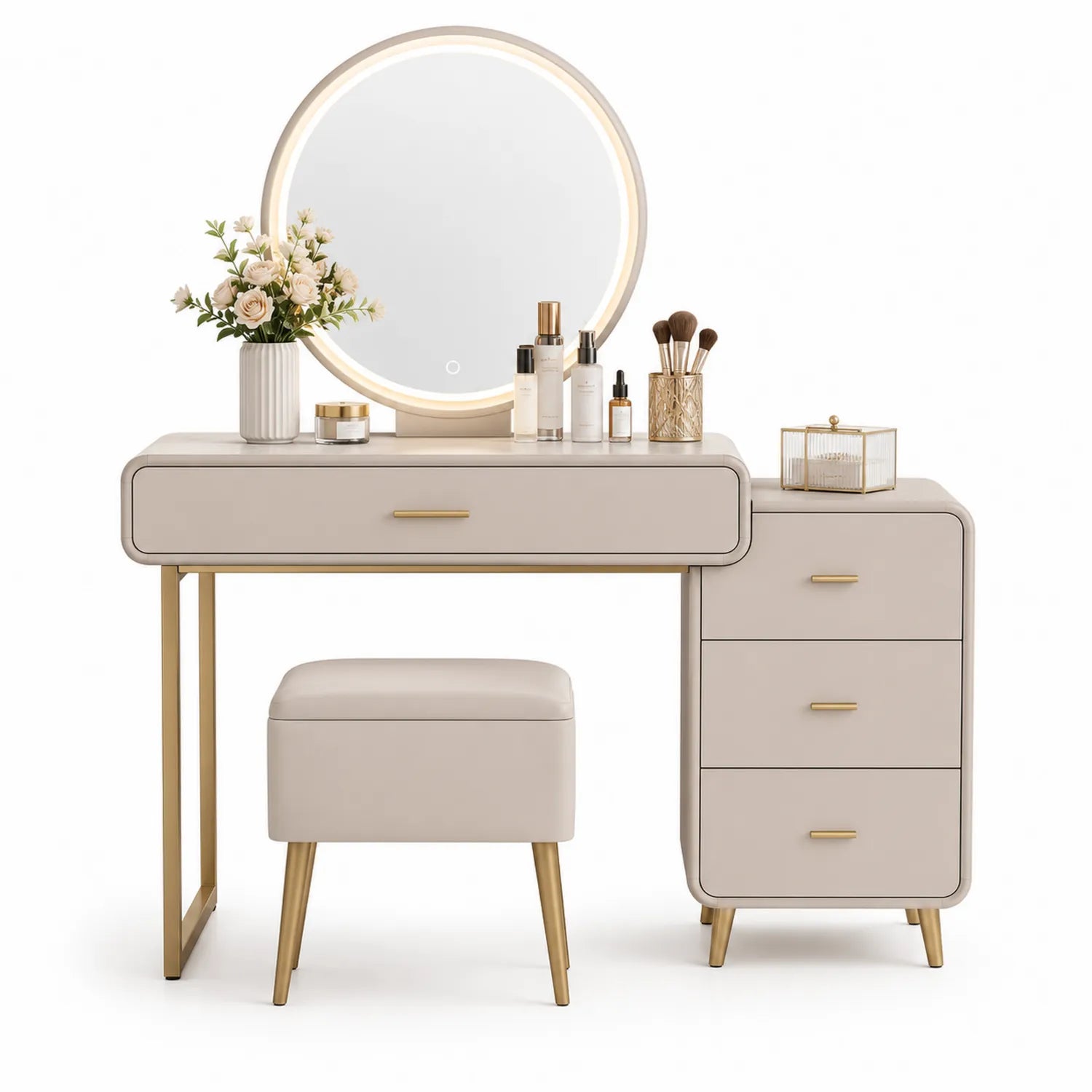 Tocador Beige de MDF y Acero con Espejo LED y Taburete
