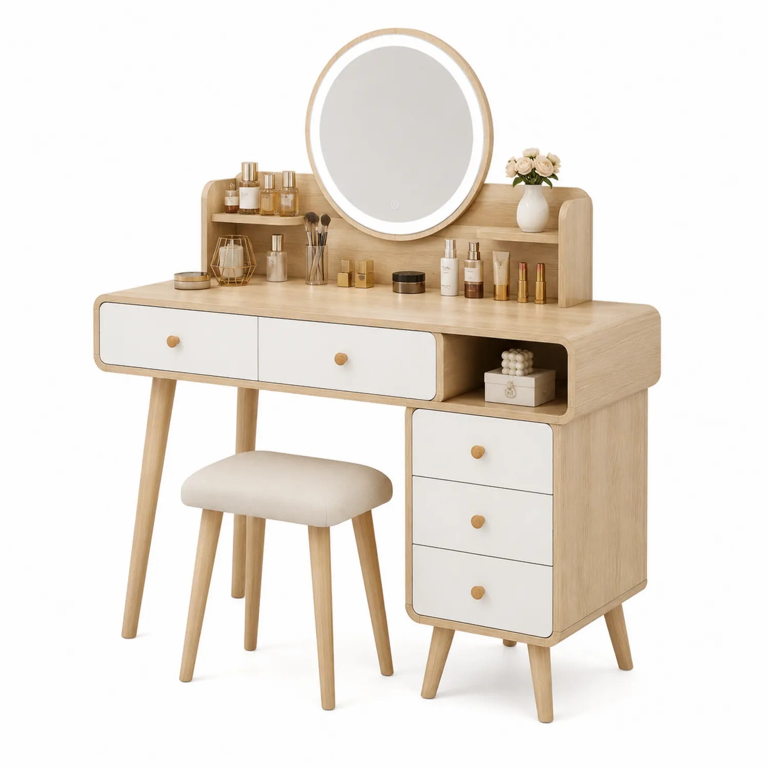 Tocador de madera con espejo circular LED y taburete, 80 cm x 40 cm x 130 cm
