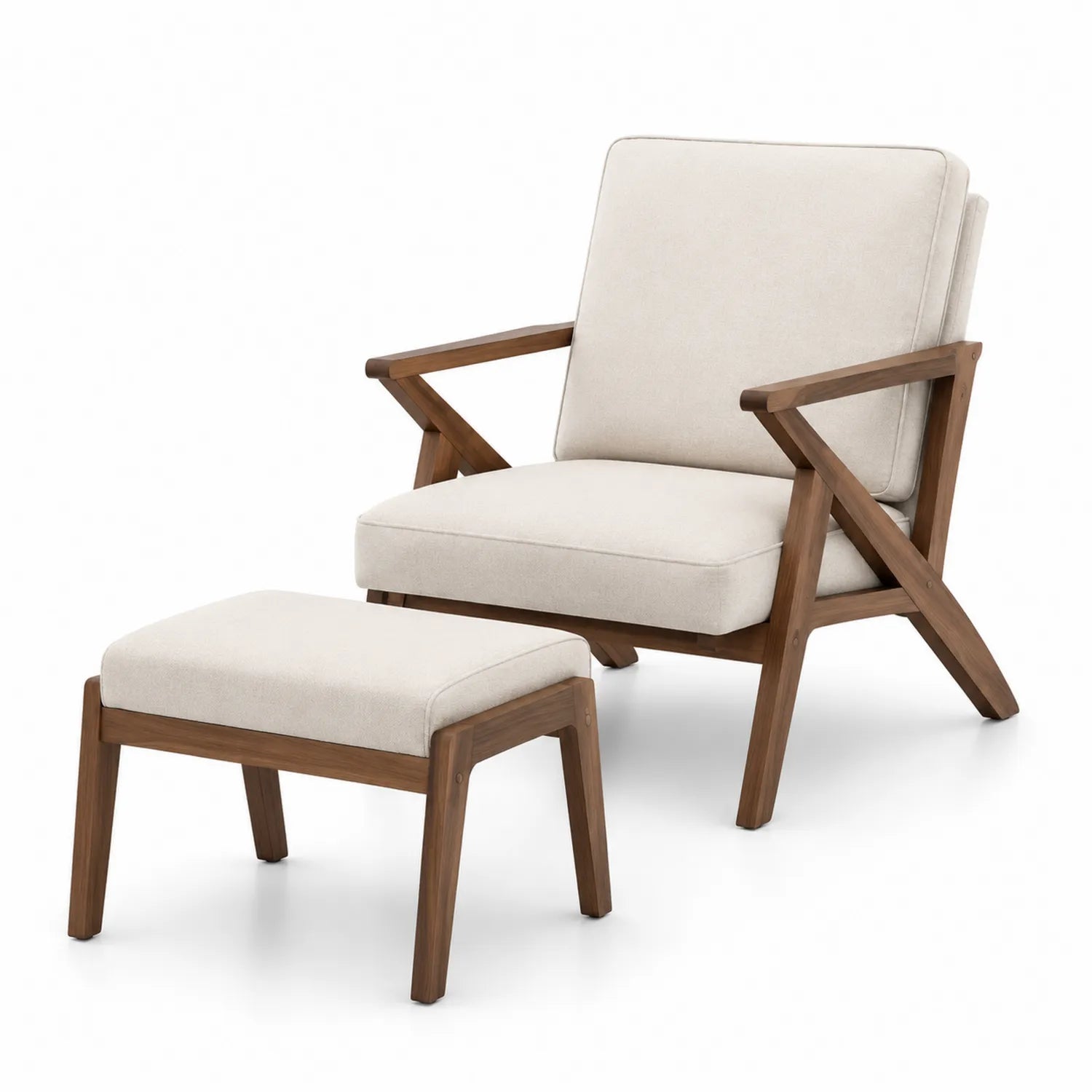 Conjunto de Sillón y Reposapiés de Madera de Nogal y Tapicería Beige