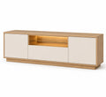 Mueble de TV de Madera y Melamina Beige con Estante de Vidrio