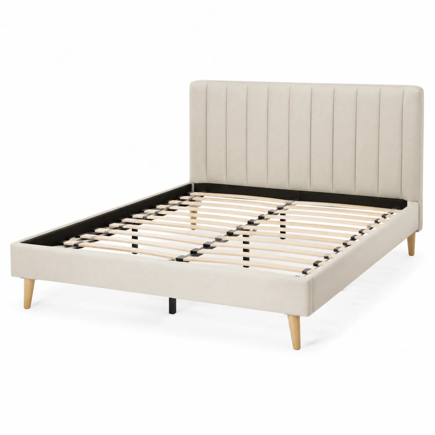 Cama doble tapizada en cuero sintético beige con patas de madera 200x180 cm