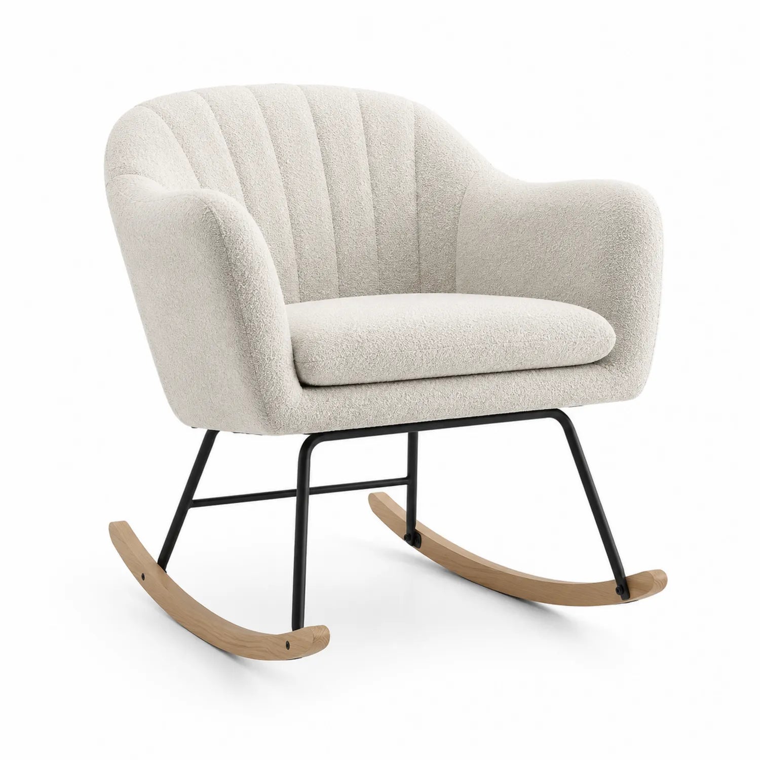 Silla mecedora de poliéster beige con base de metal y patines de madera