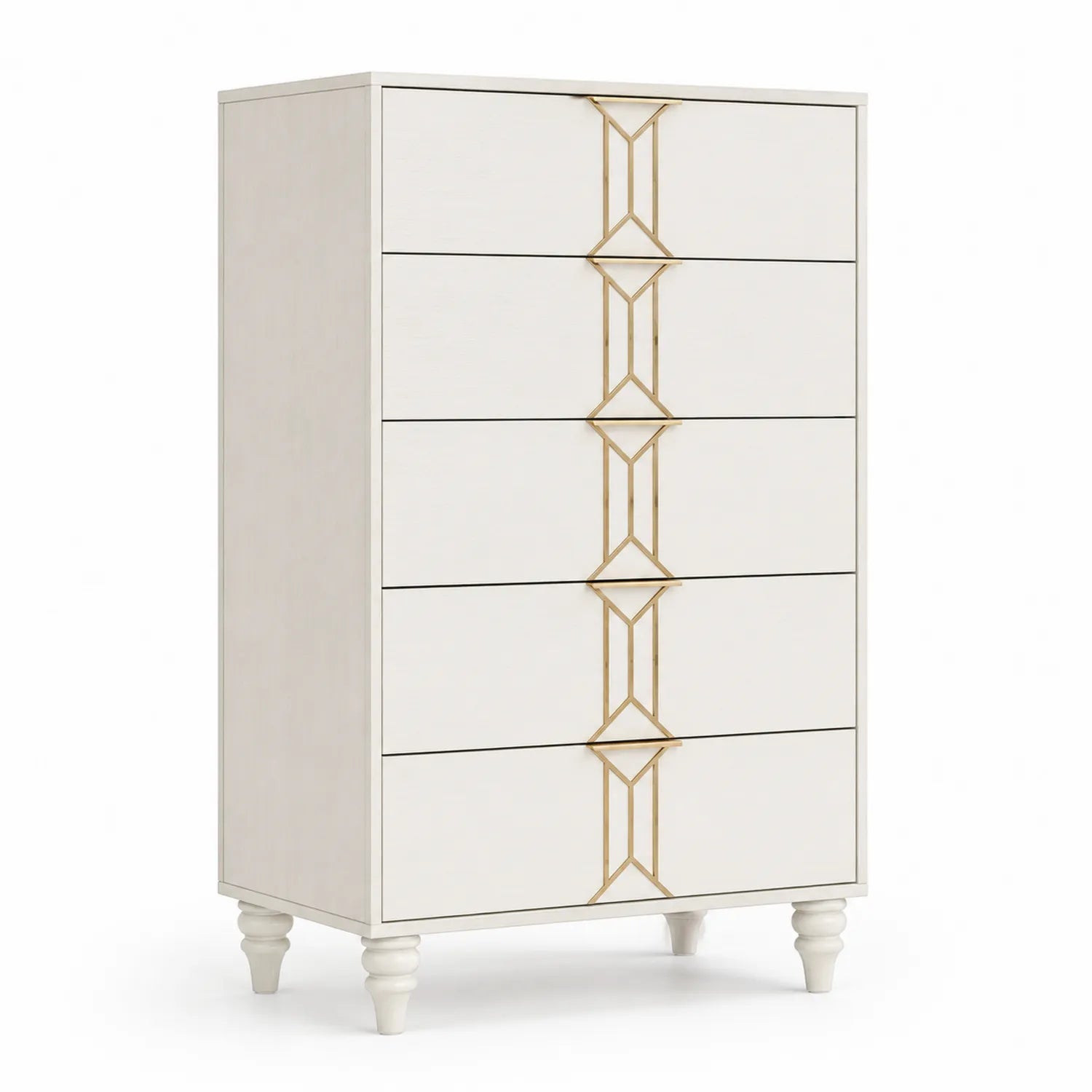 Cómoda de madera con 5 cajones y detalles de metal dorado