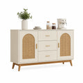 Aparador de madera y mimbre beige con 2 puertas y 3 cajones