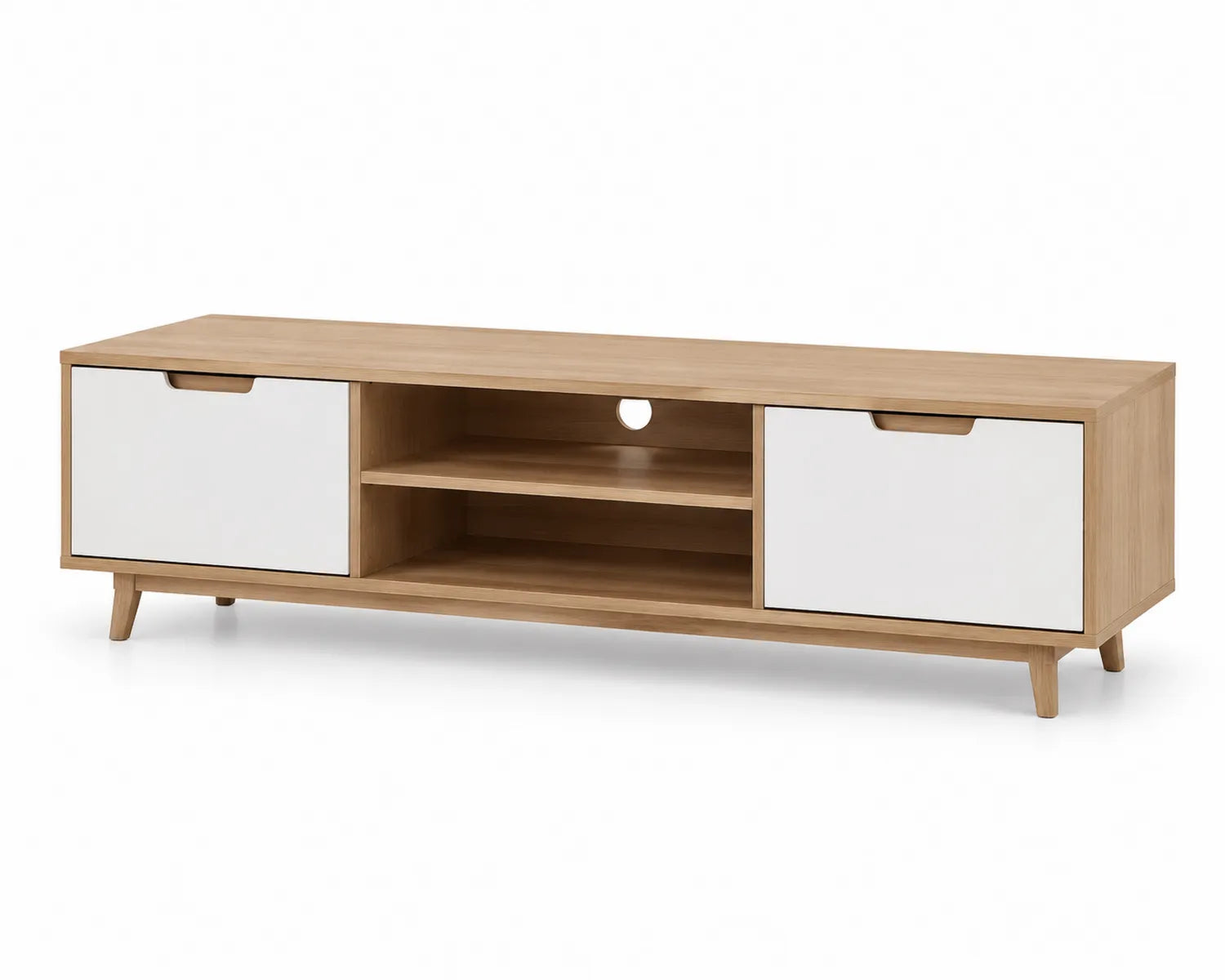 Mueble de TV de madera contrachapada y MDF con puertas blancas 140x40x45 cm