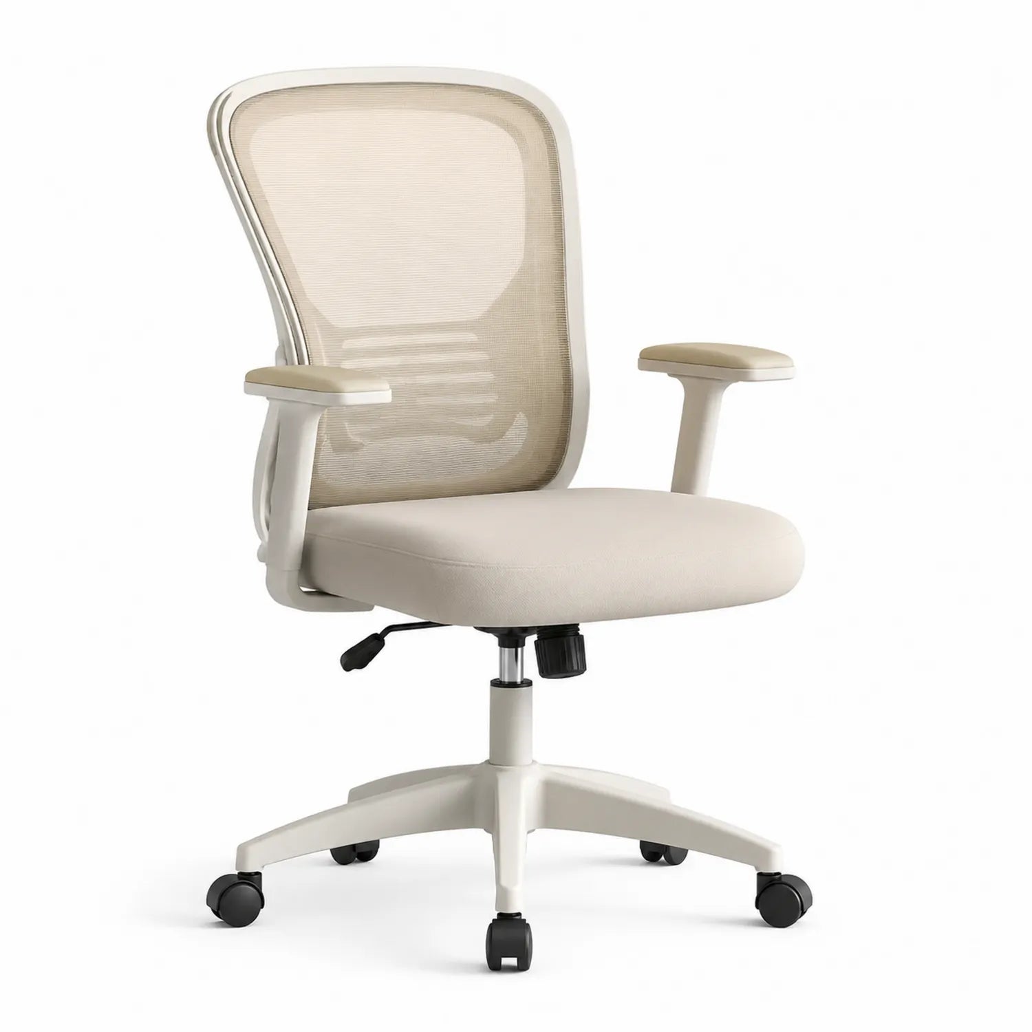 Silla de oficina ergonómica beige con malla y asiento ajustable