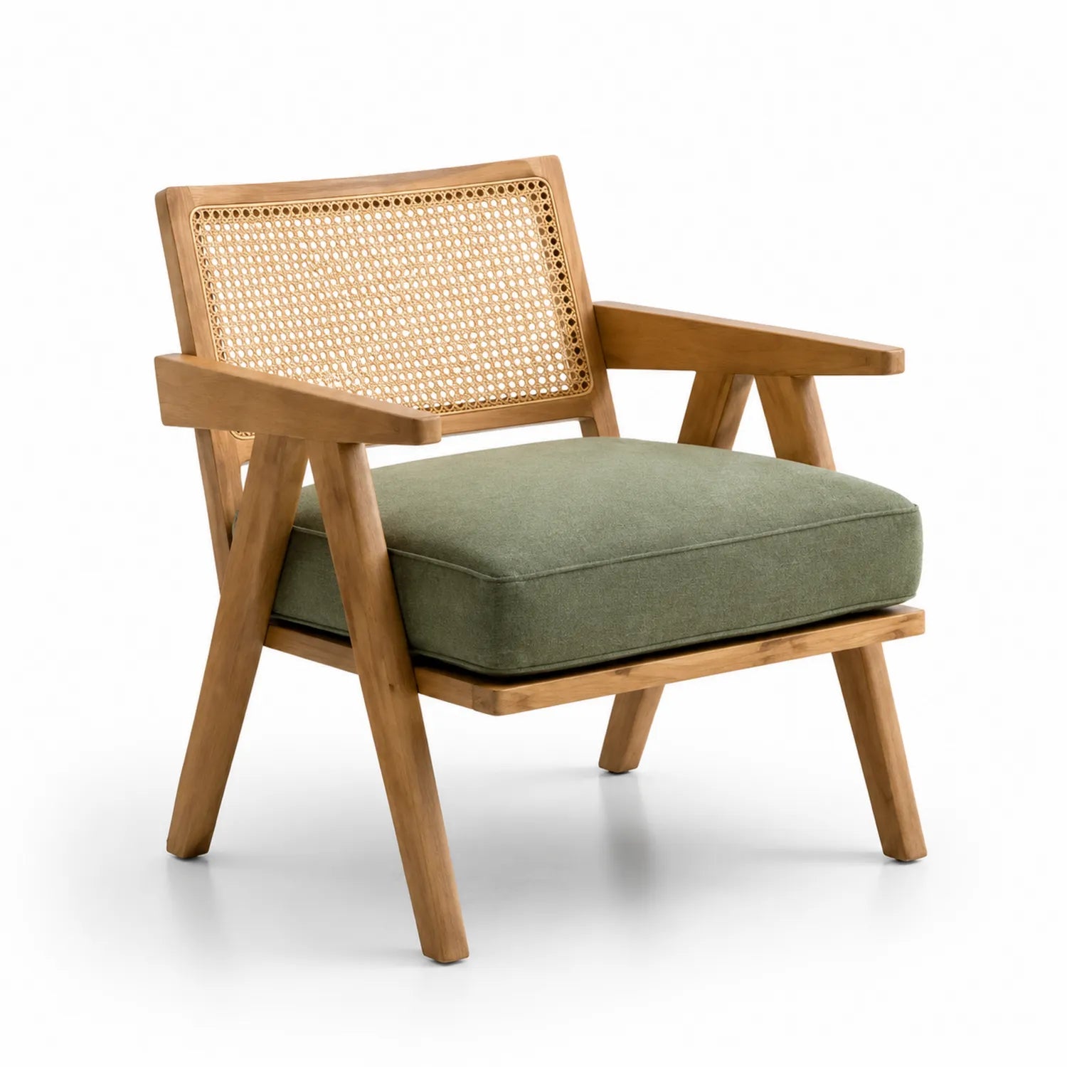 Silla de Madera y Ratán con Cojín Verde