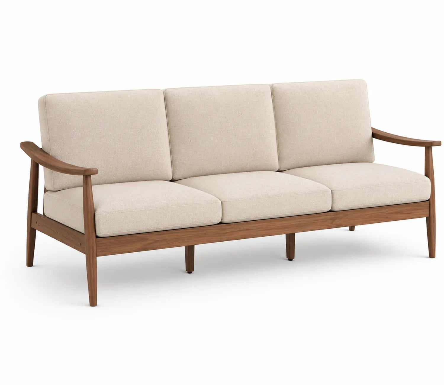Sofá de tela beige 3 plazas con estructura de nogal