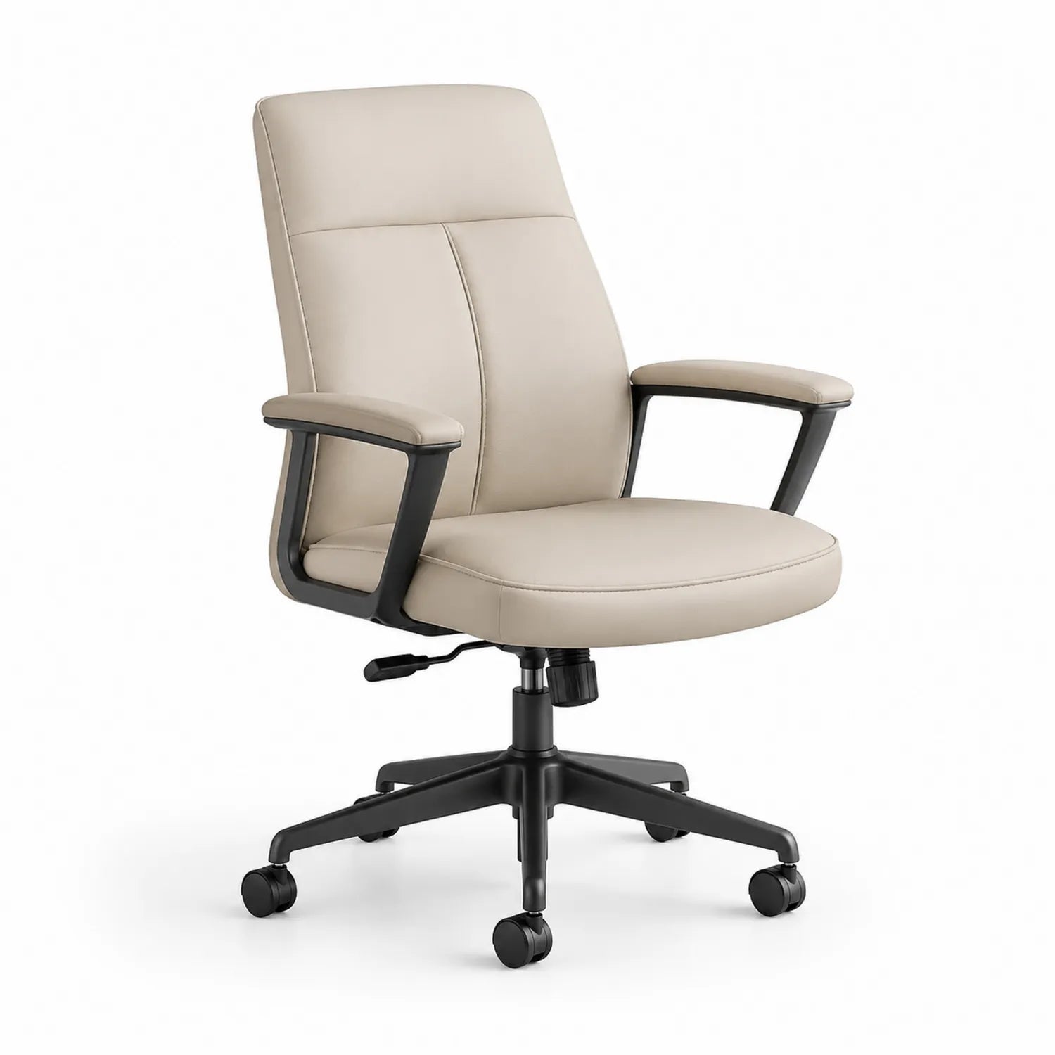 Silla de oficina giratoria de cuero sintético beige con base metálica negra