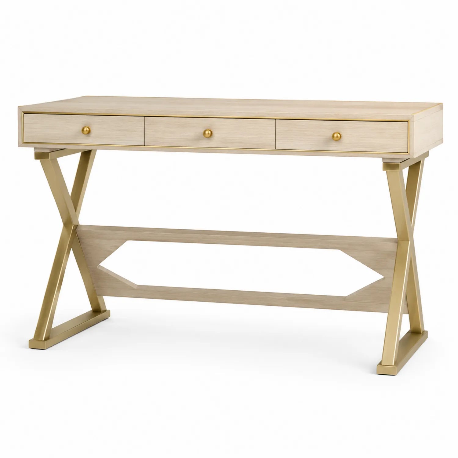 Escritorio de MDF Beige con Patas de Acero Dorado y Cajones