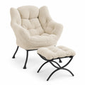 Sillón con Reposapiés de Tela Bouclé y Estructura Metálica Negro