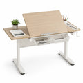 Mesa ajustable con superficie inclinable de madera contrachapada y estructura de acero, 140x60x75 cm, Roble/Blanco
