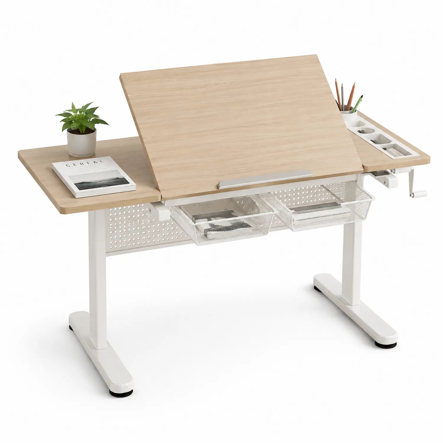 Mesa ajustable con superficie inclinable de madera contrachapada y estructura de acero, 140x60x75 cm, Roble/Blanco