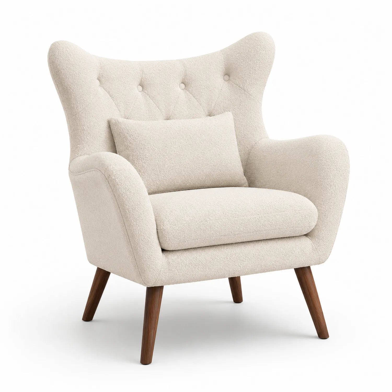 Sillón de tela bouclé beige con patas de madera 85cm