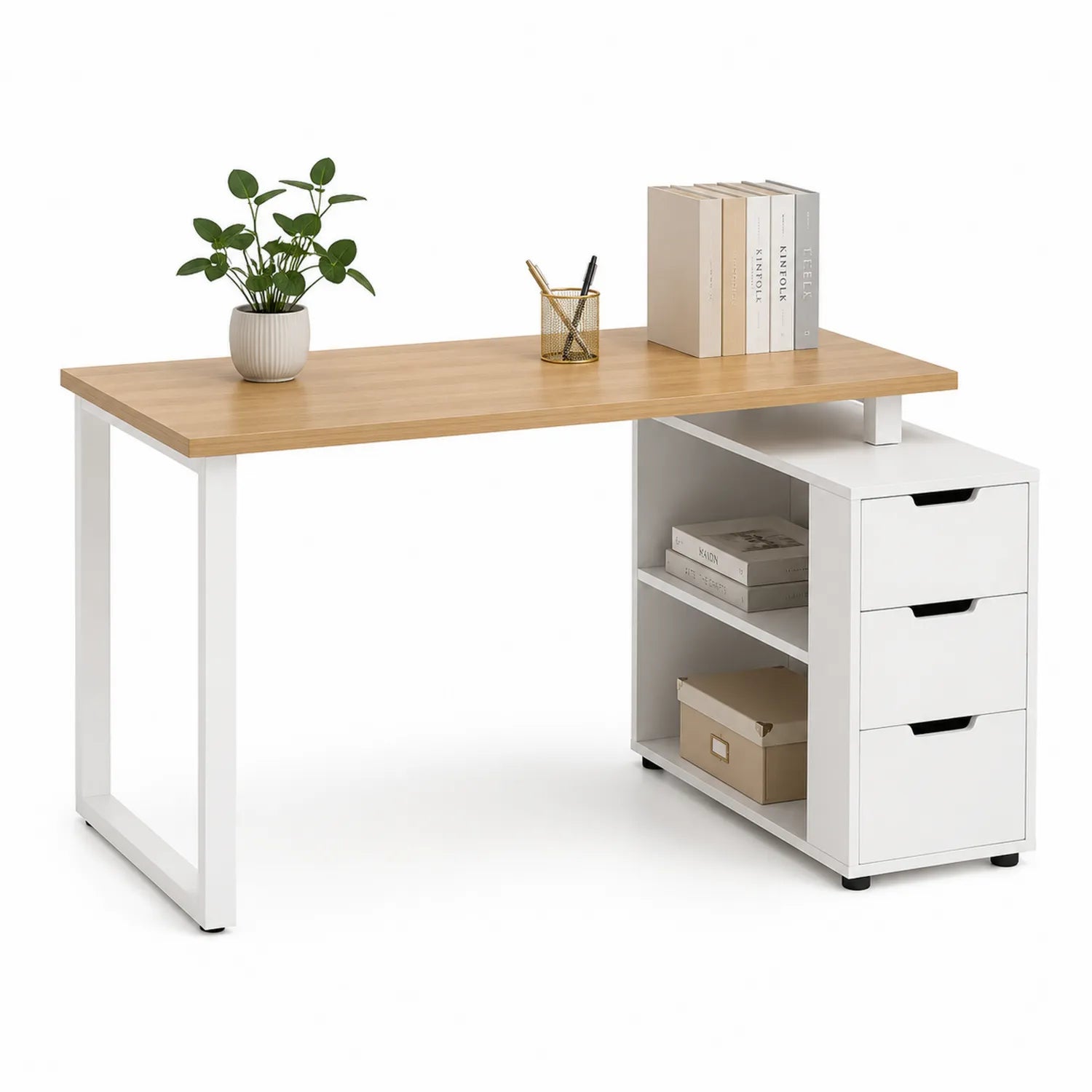 Escritorio de MDF y metal con cajones y estantes